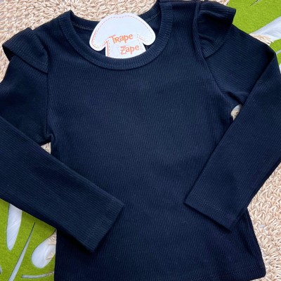 Conj. Blusa Manga Longa Ribana e Salopete de Moletom Laços - Preto e Areia